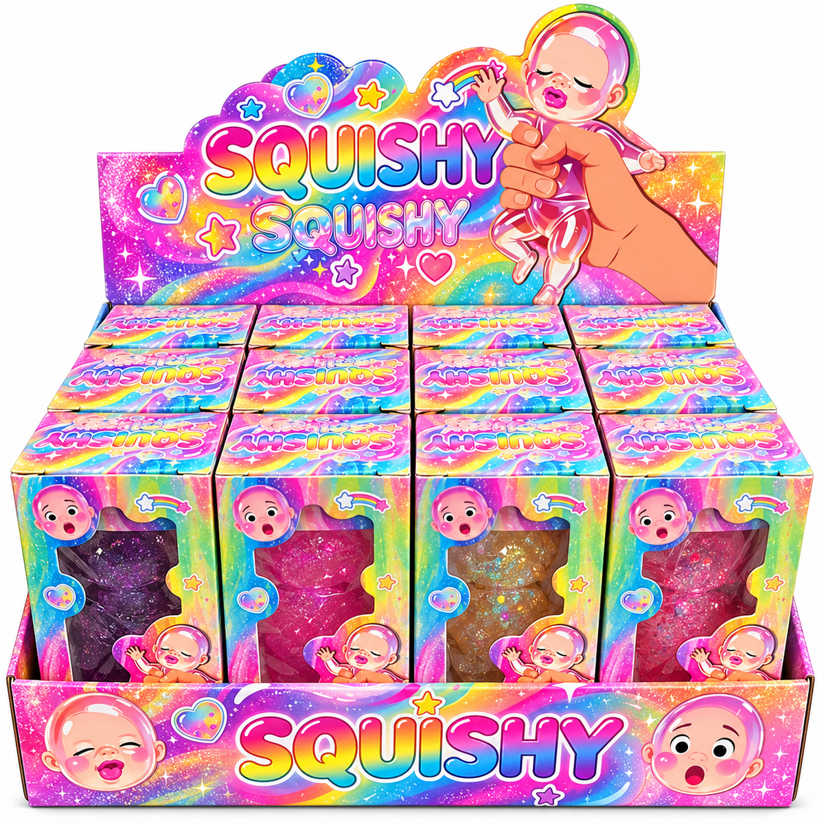 Colorful Squishy Baby sensory toys in rainbow display packaging with assorted baby squishy designs.