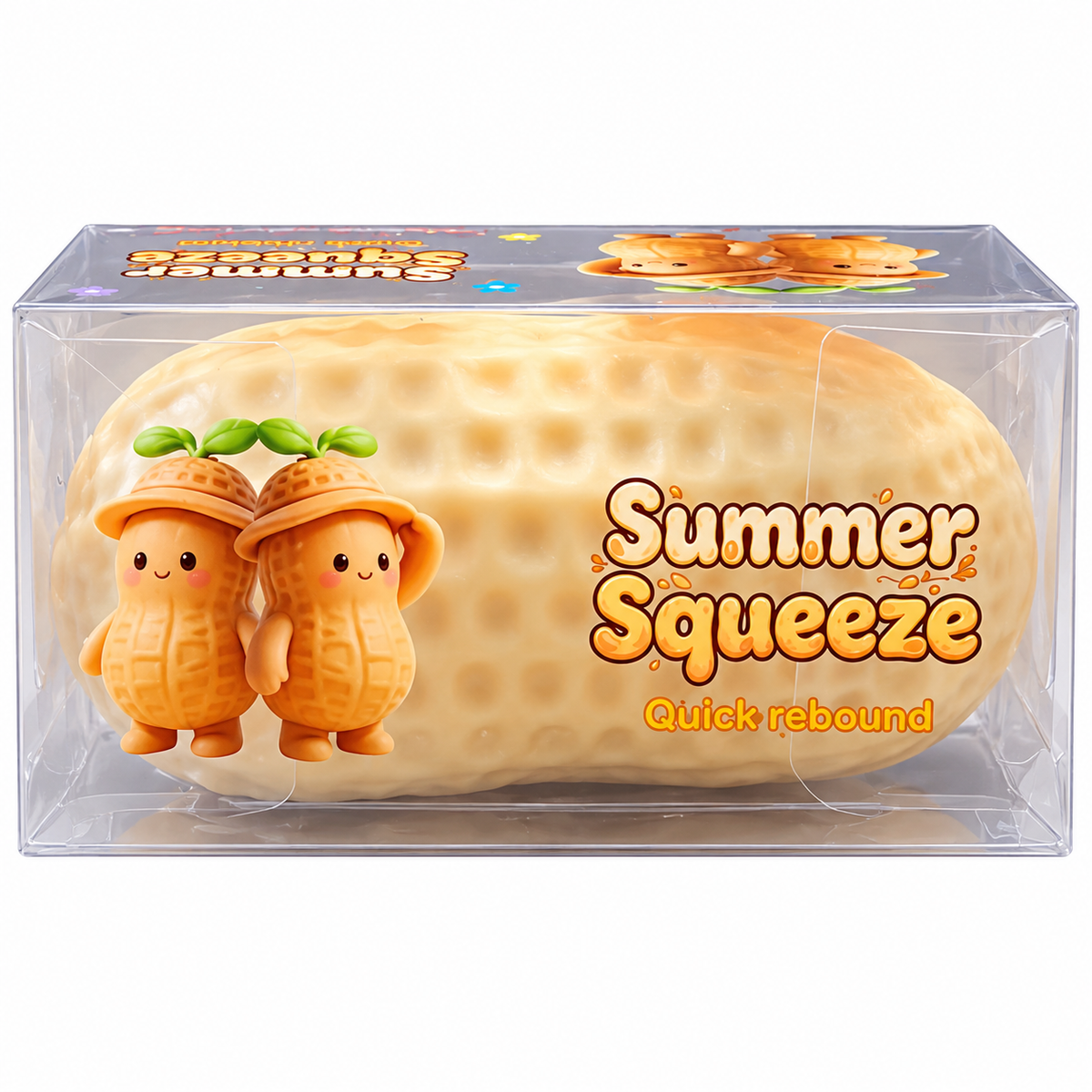 Summer Squeeze quick-rebound peanut squishy toy in clear packaging with cute peanut character illustrations.