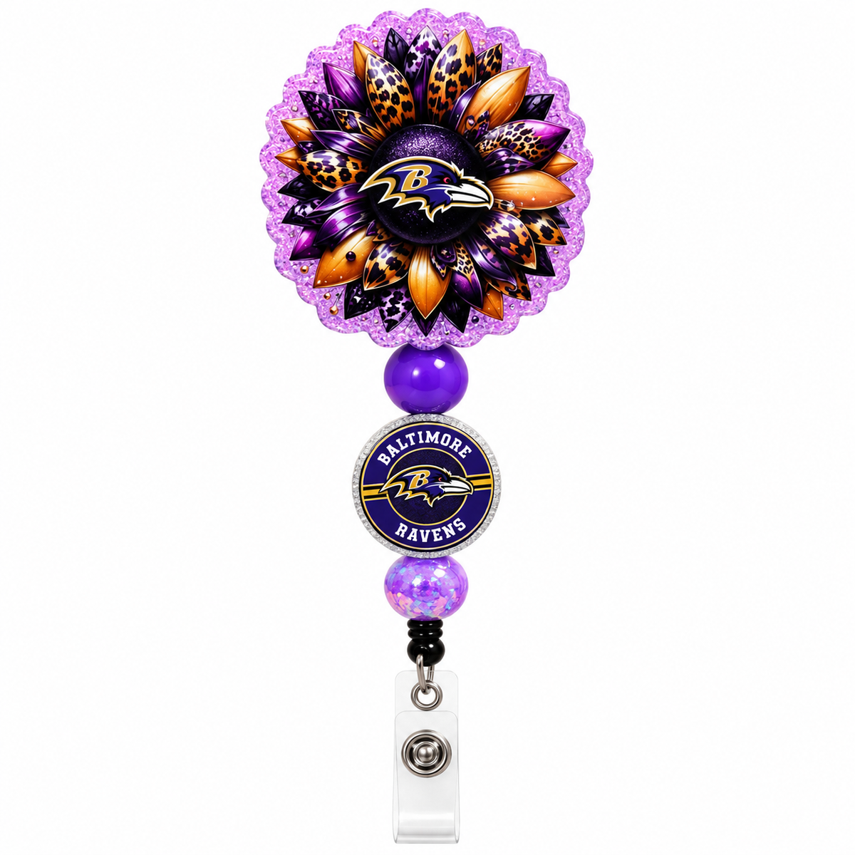 Baltimore Ravens sunflower beaded badge reel featuring purple and leopard-print petals, Ravens logo center, purple beads, and clear ID holder.