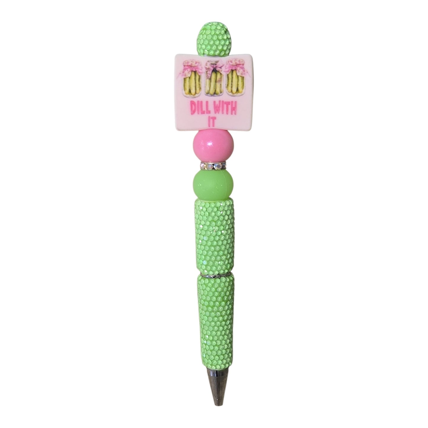 Dill With It pickle beaded pen with pink and green beads and rhinestone accents