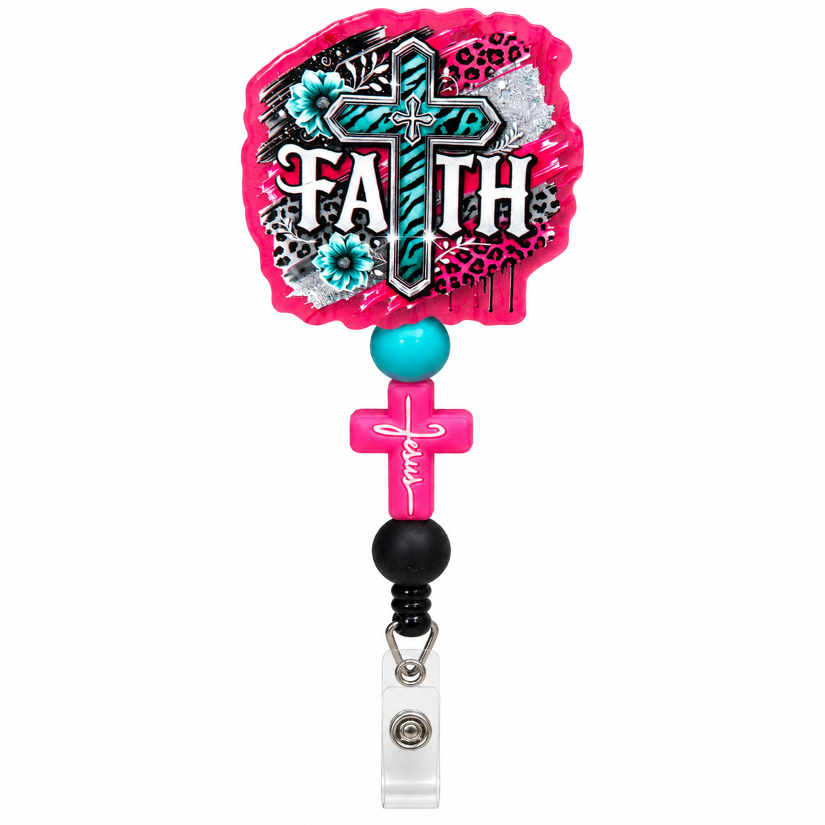 Western Christian faith beaded badge reel with hot pink topper, turquoise cross, leopard print, blue flowers, pink Jesus charm, and black bead