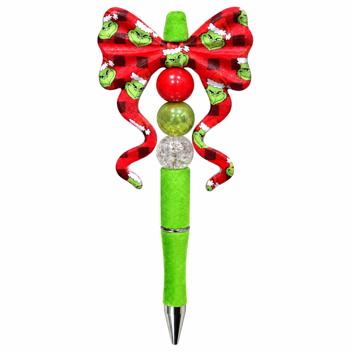 Green Christmas beaded pen with red buffalo plaid Grinch bow, curly ribbon tails, and red, green, and clear beads