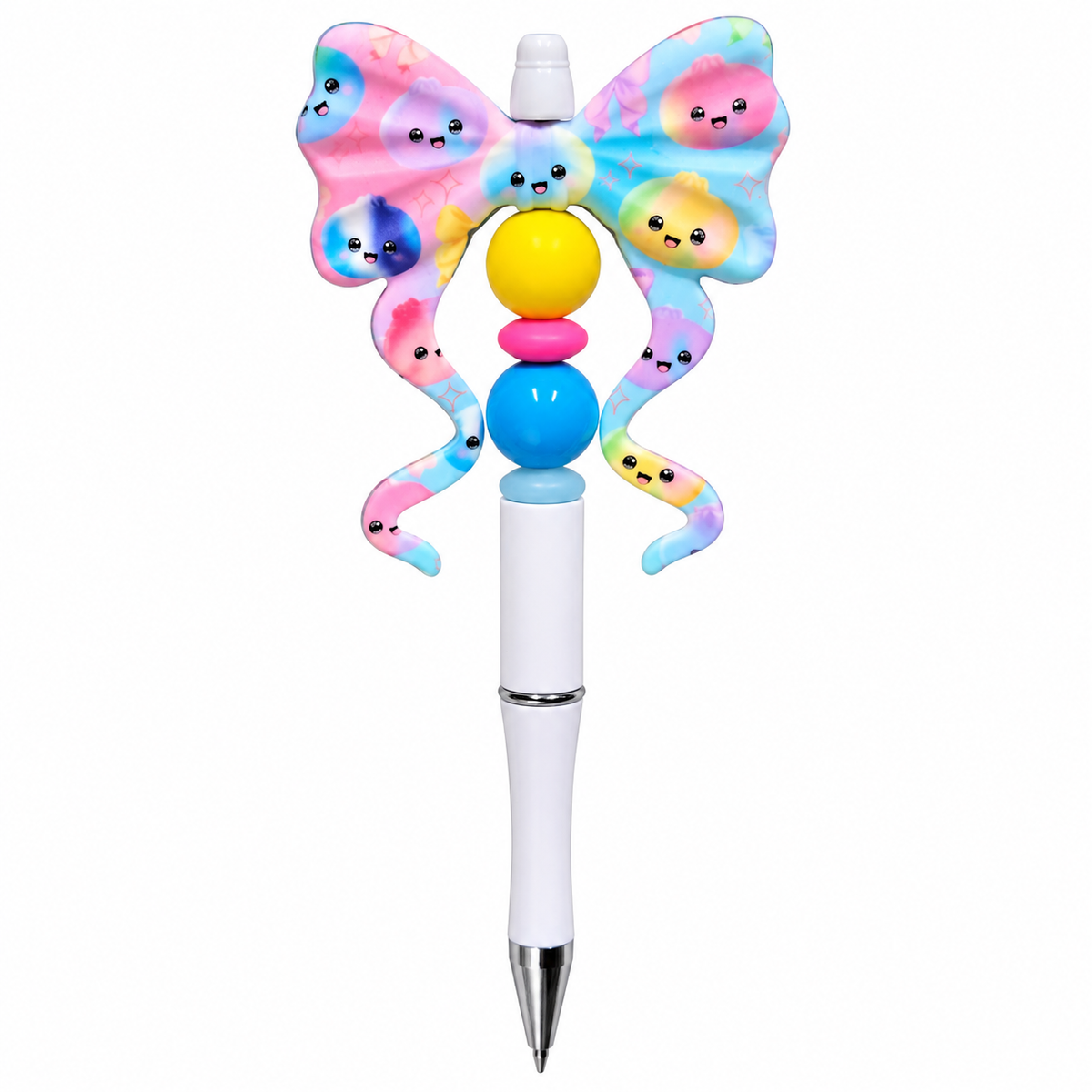 Pastel kawaii bow beaded pen with colorful smiling characters, yellow and blue beads, and white barrel.