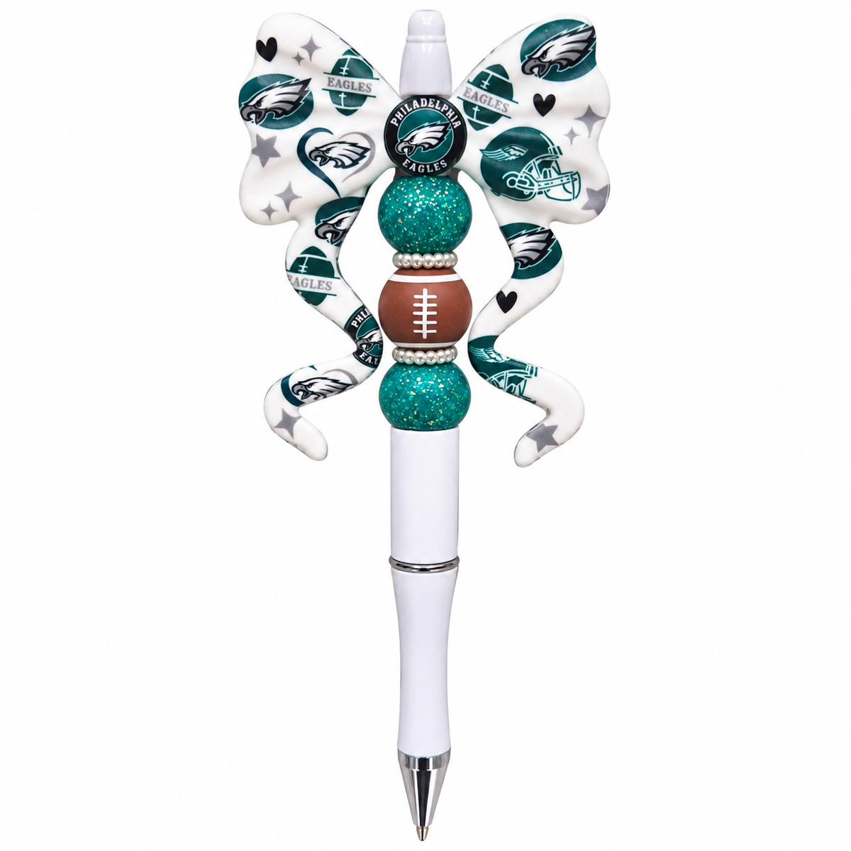 Philadelphia Eagles bling beaded pen with white Eagles football bow, glittery green beads, football bead and white pen barrel
