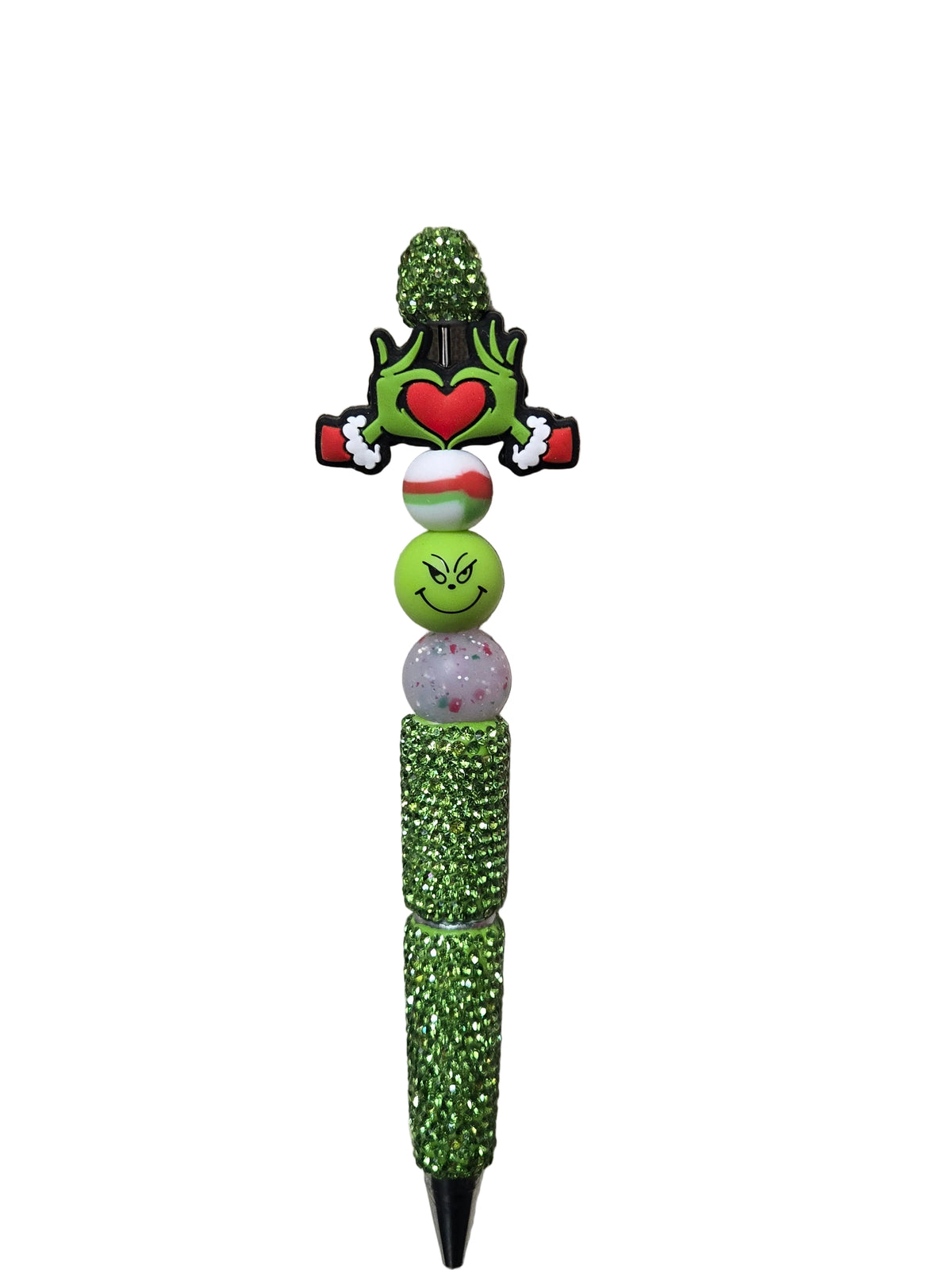 Green rhinestone Christmas bling beaded pen with Grinch-inspired face, heart-shaped hands, and red, white, and green holiday beads.