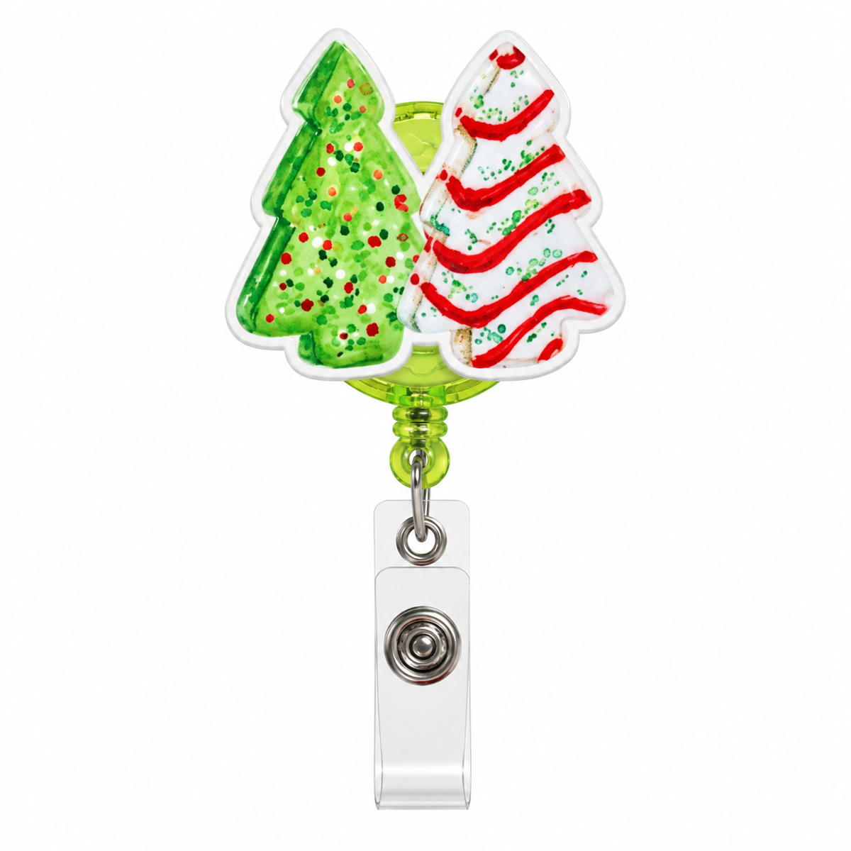 Christmas sugar cookie badge reel with two frosted Christmas trees, green sprinkles, red icing stripes, lime-green reel, and clear ID holder.