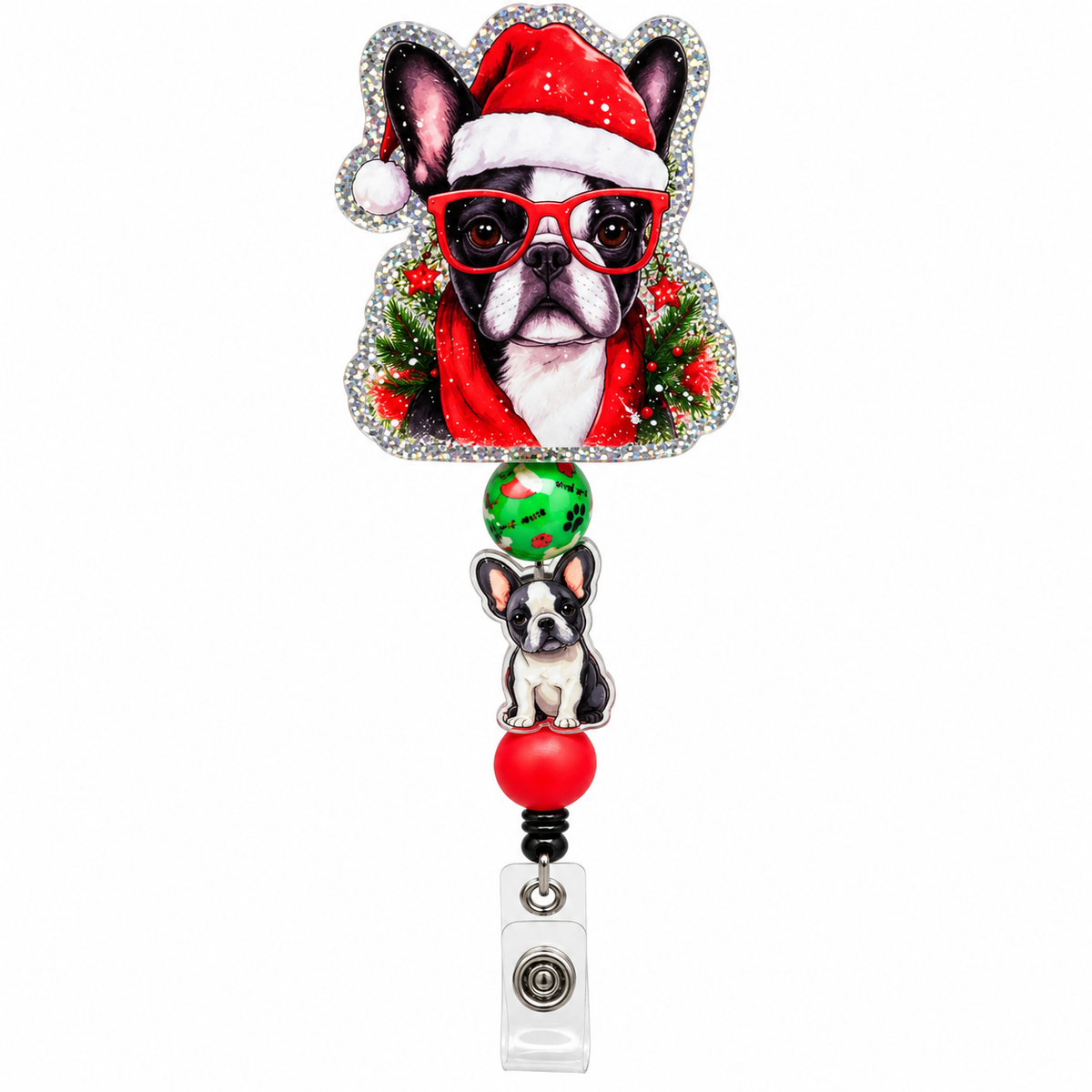Christmas Boston Terrier beaded badge reel featuring a Santa hat, red glasses, glitter topper, green Christmas bead, matching Boston Terrier charm and red bead.