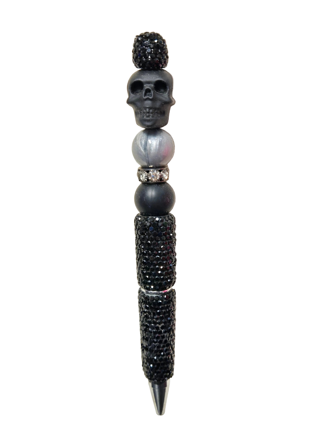 Black rhinestone bling beaded pen with black skull focal bead, silver accent bead, crystal spacer, and matte black bead.