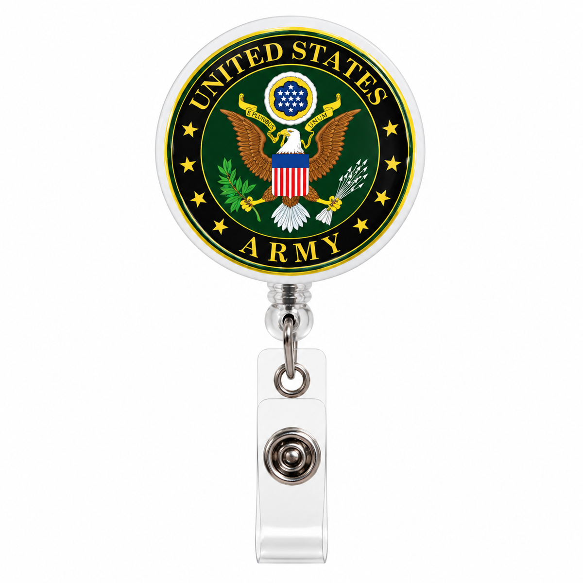United States Army retractable badge reel featuring green and gold Army eagle emblem, American flag shield, white reel housing, and clear snap ID holder.