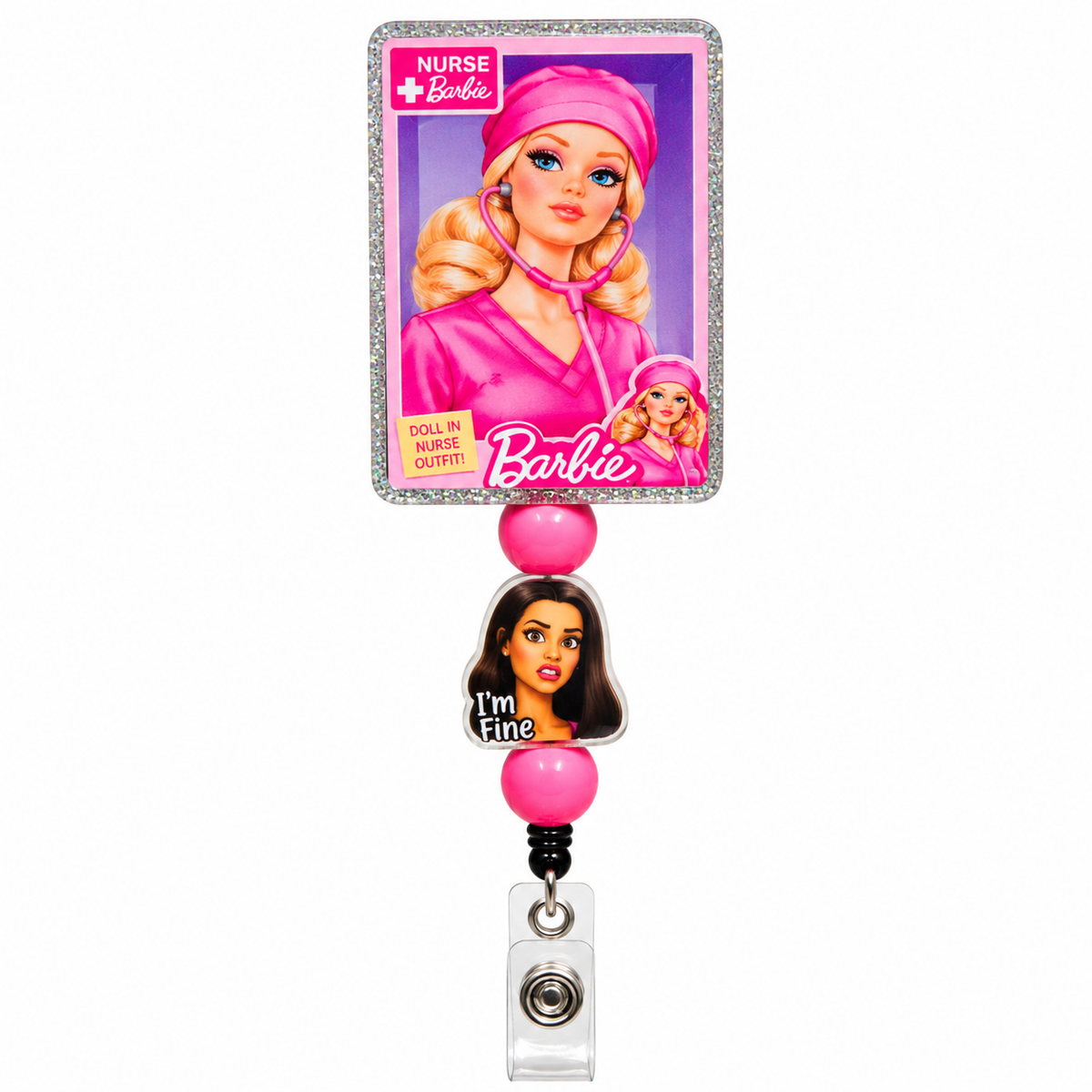 Pink Nurse Barbie beaded retractable badge reel with glittery nurse design, pink beads and funny I'm Fine character charm.