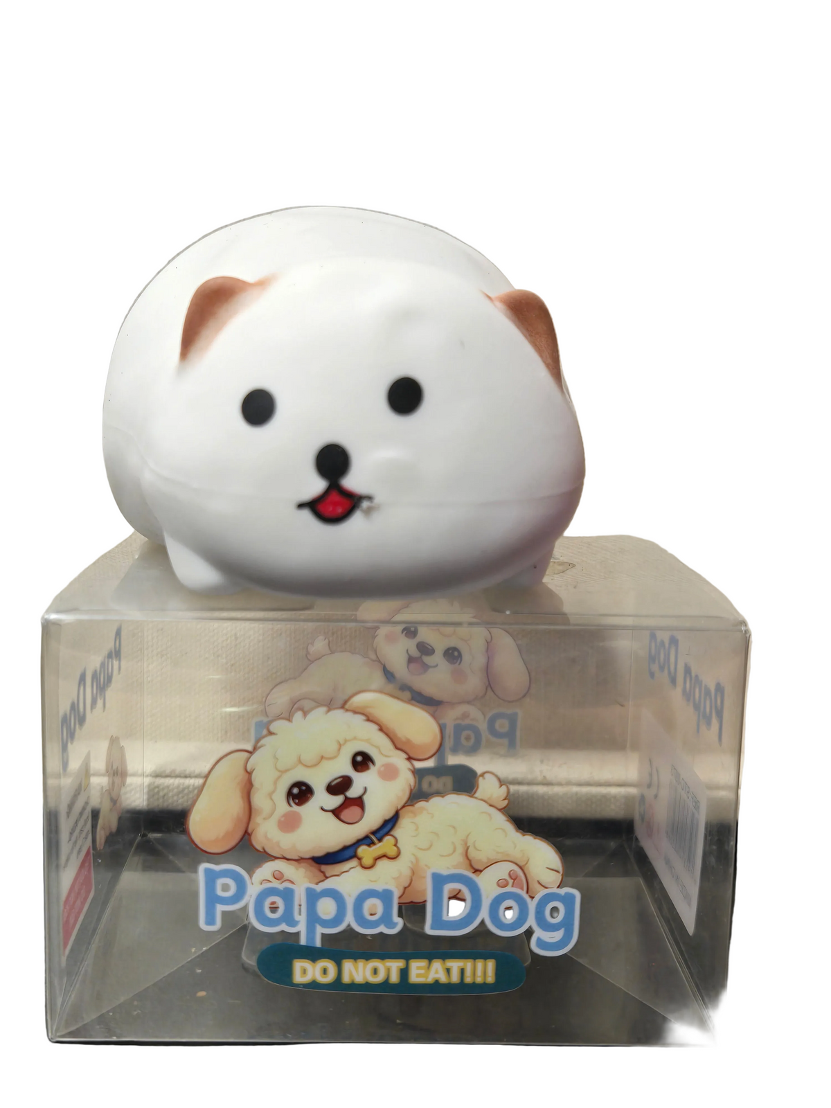 Crunchy Papa Dog squishy white puppy sensory stress toy with brown ears and cute face displayed on Papa Dog packaging