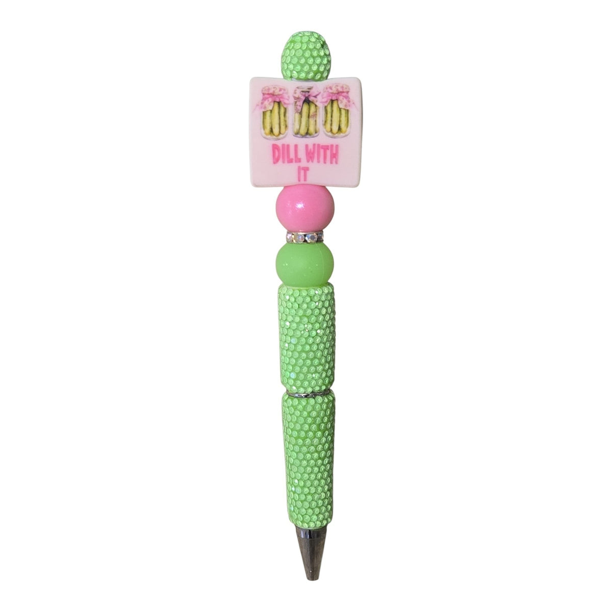 THE SALTY CHIC Dill With It beaded pen featuring lime green textured beads, a pink charm, and pickle illustrations.