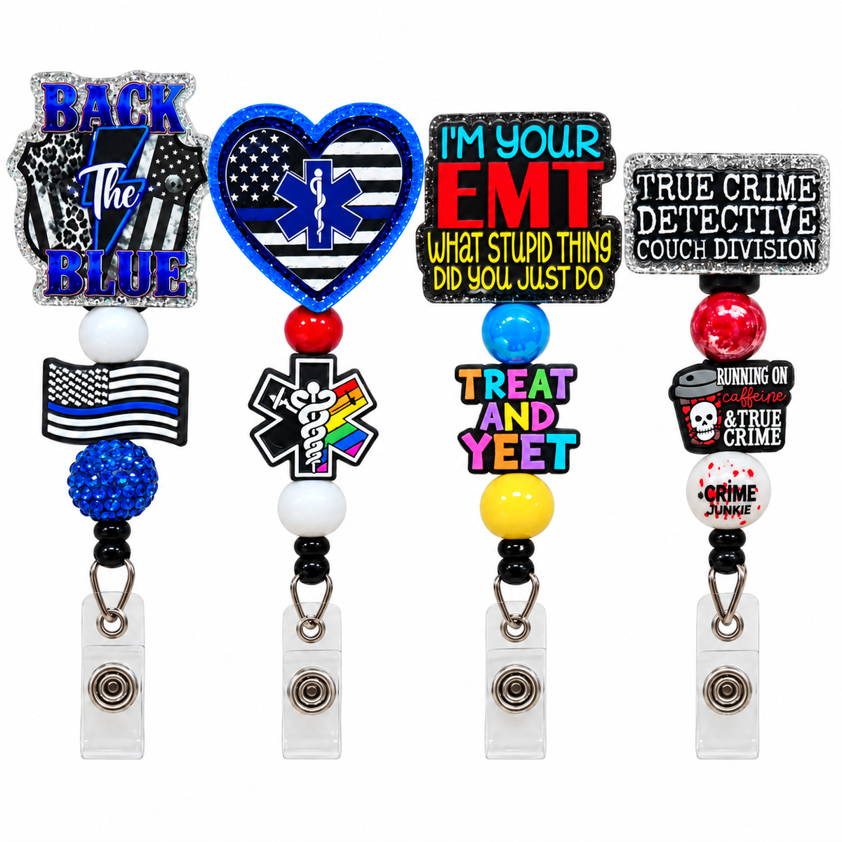 Cute funny and bling retractable badge reels from The Salty Chic