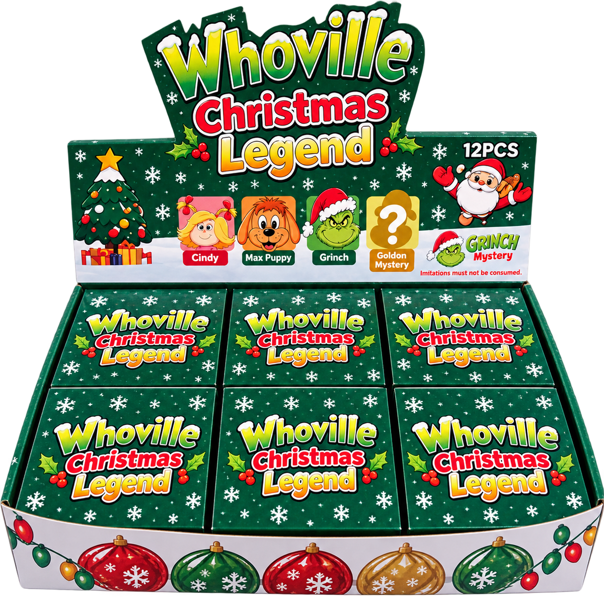 Whoville Christmas Legend mystery collectible boxes featuring Grinch-inspired holiday characters, sold individually.