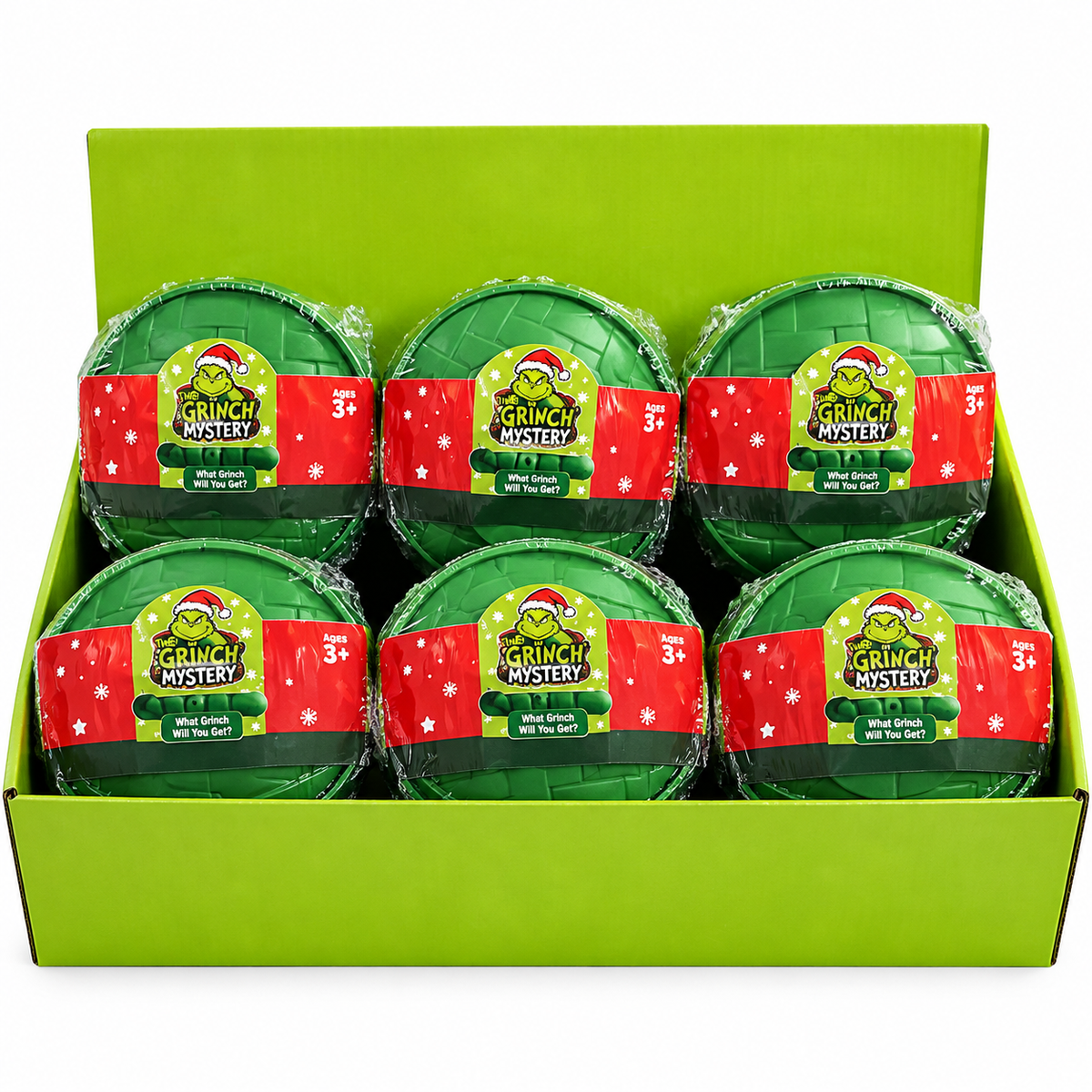 The Grinch Christmas mystery surprise balls in green packaging with red holiday labels.