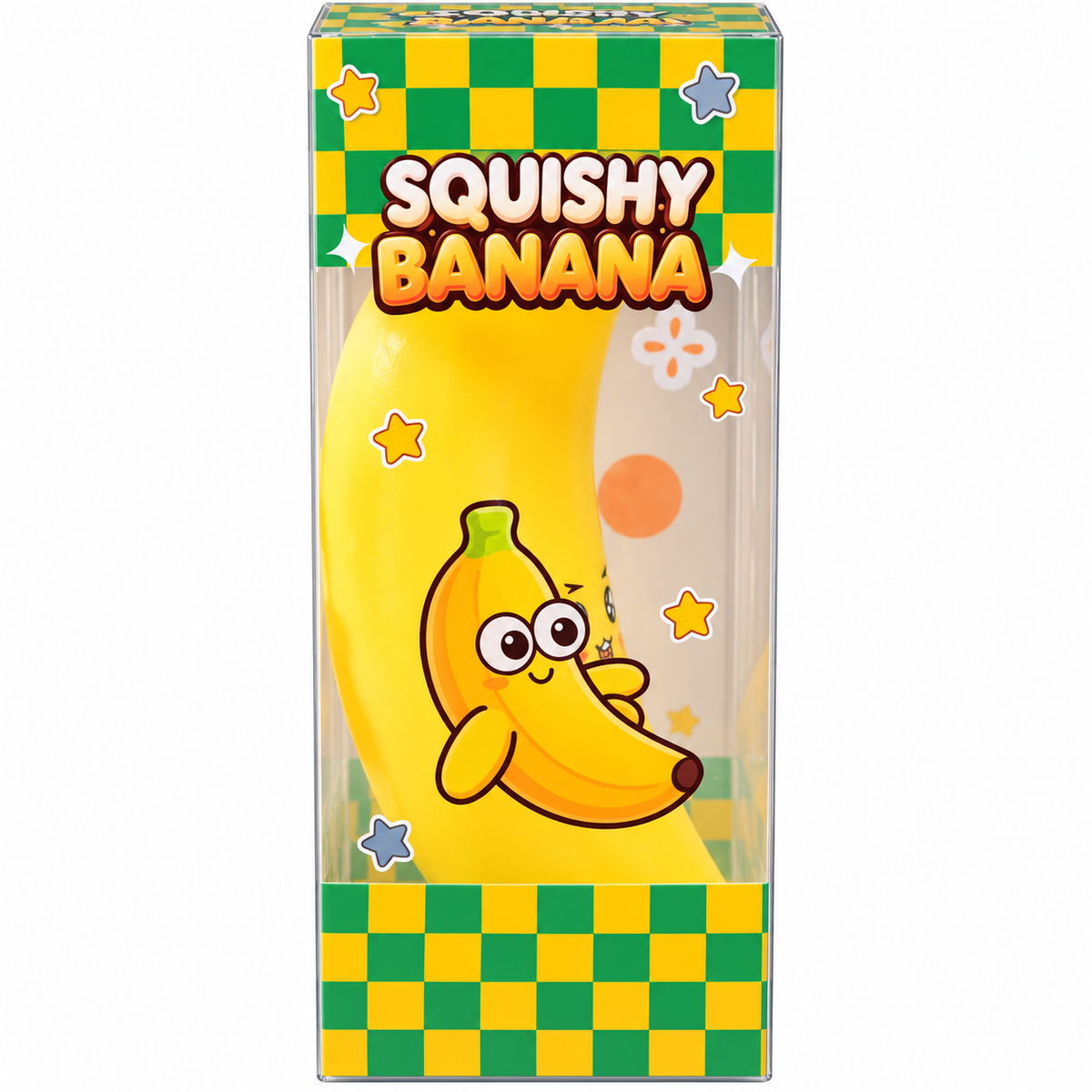 Yellow banana squishy toy in clear Squishy Banana packaging with green and yellow checkered design and cartoon banana illustration.