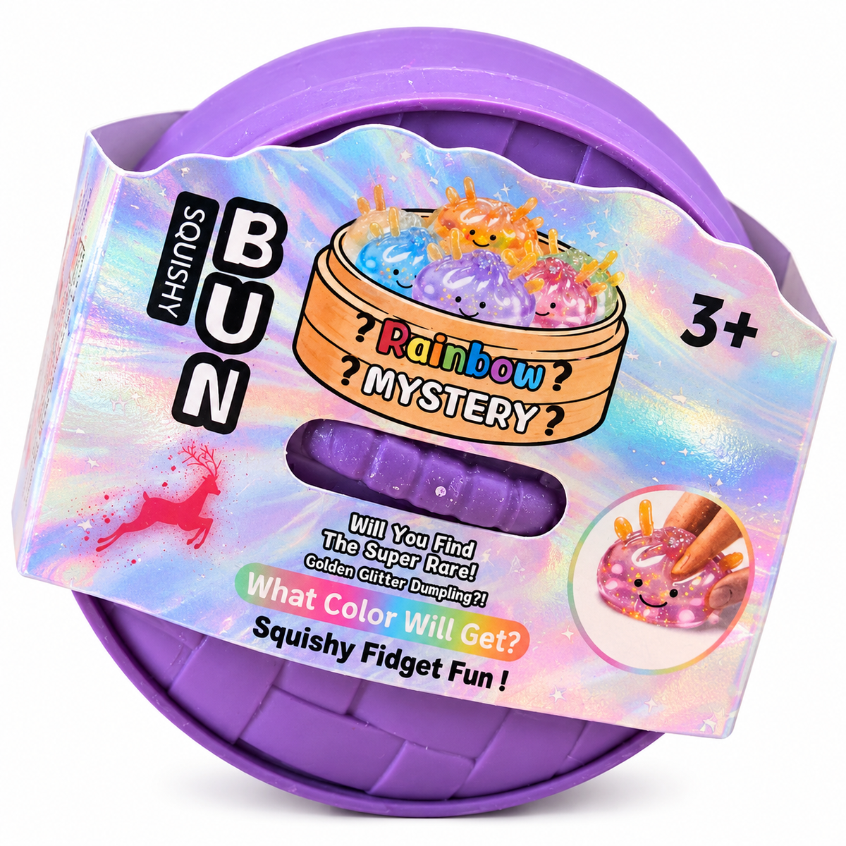 Mini Reindeer Maltose Mystery Squishy in purple round container with holographic mystery-color packaging.