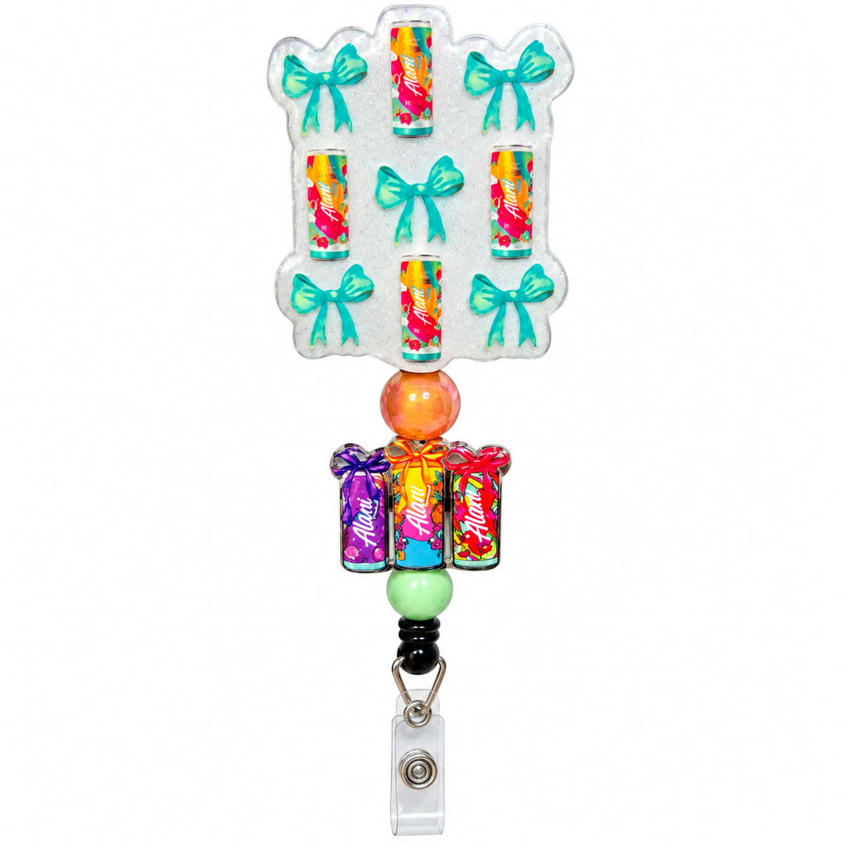 Alani energy drink themed beaded badge reel with turquoise bows, colorful mini can charms, peach and mint beads, and clear badge clip
