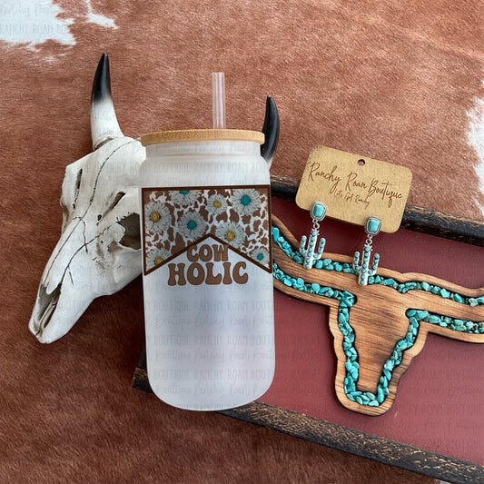 Cowholic Western 16oz Frosted Can Glass