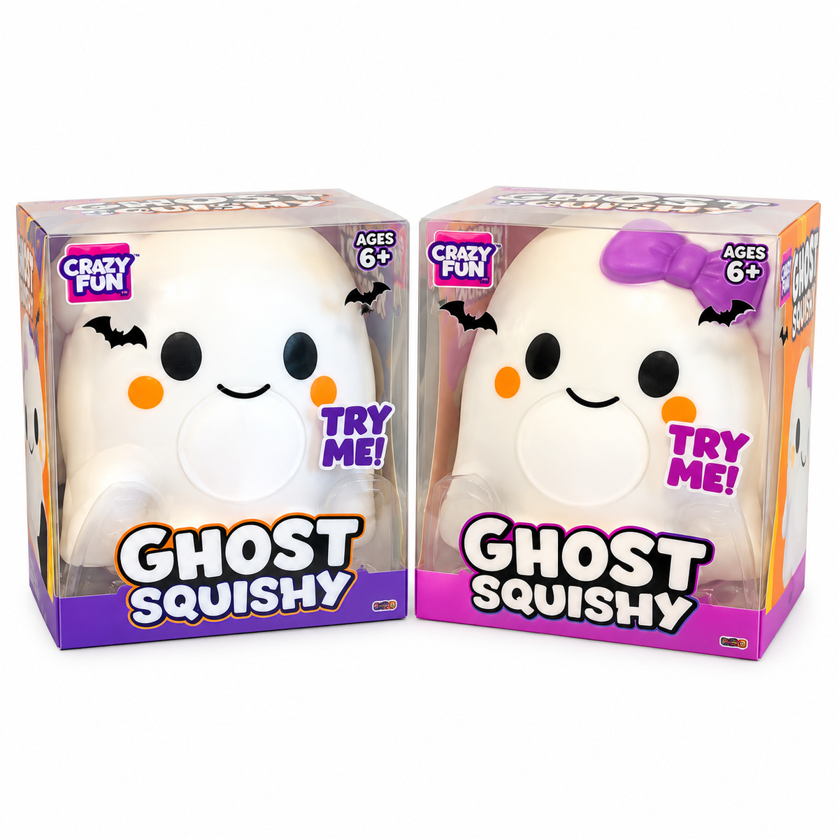 Two jumbo ghost squishy toys in original packaging, featuring a classic smiling ghost and a ghost with a purple bow.
