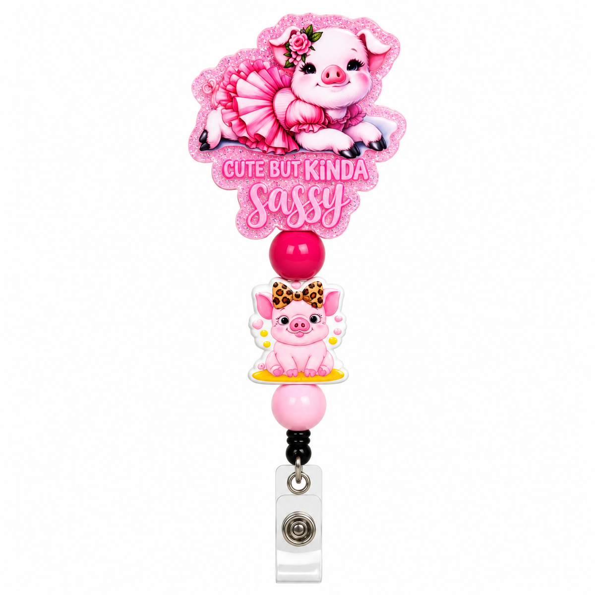 Cute But Kinda Sassy pink pig beaded badge reel with ballerina tutu pig, leopard bow pig charm, pink beads, and clear ID badge holder.