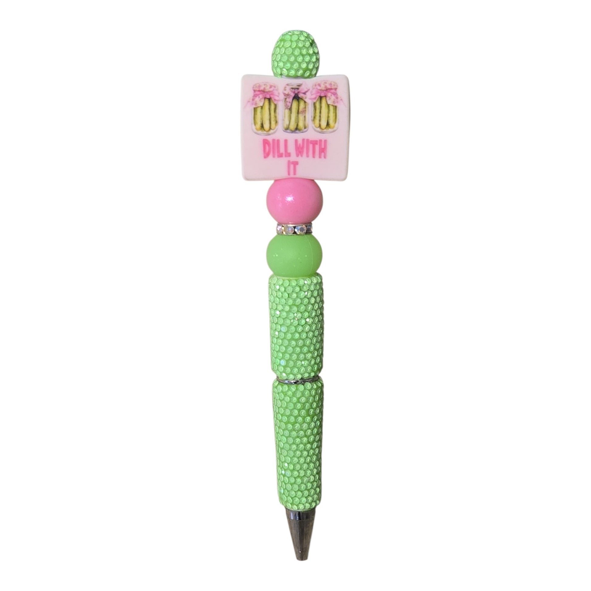 Dill With It pickle beaded pen with pink and green beads and rhinestone accents