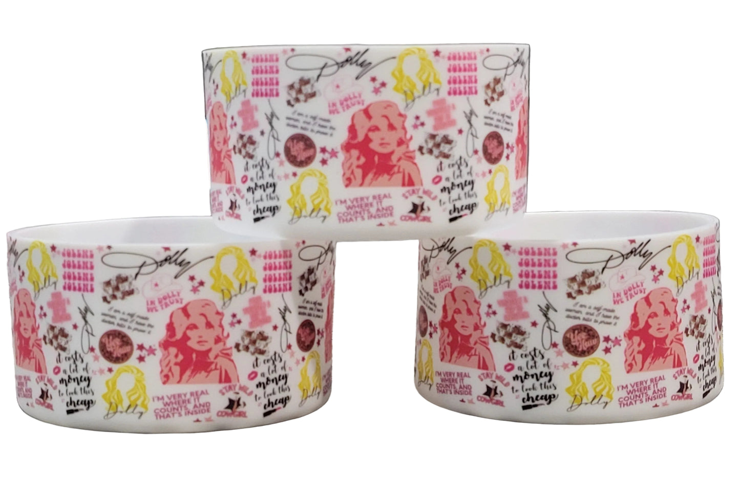 Dolly Parton inspired on a white silicone tumbler boot 