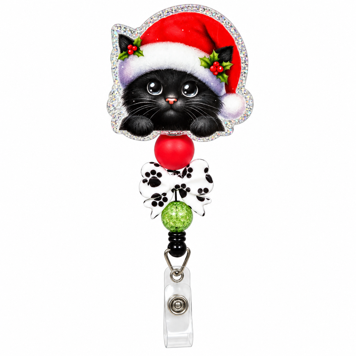 Christmas black cat beaded badge reel featuring a kitten wearing a red Santa hat, white paw print bow, red bead, and glittery green bead