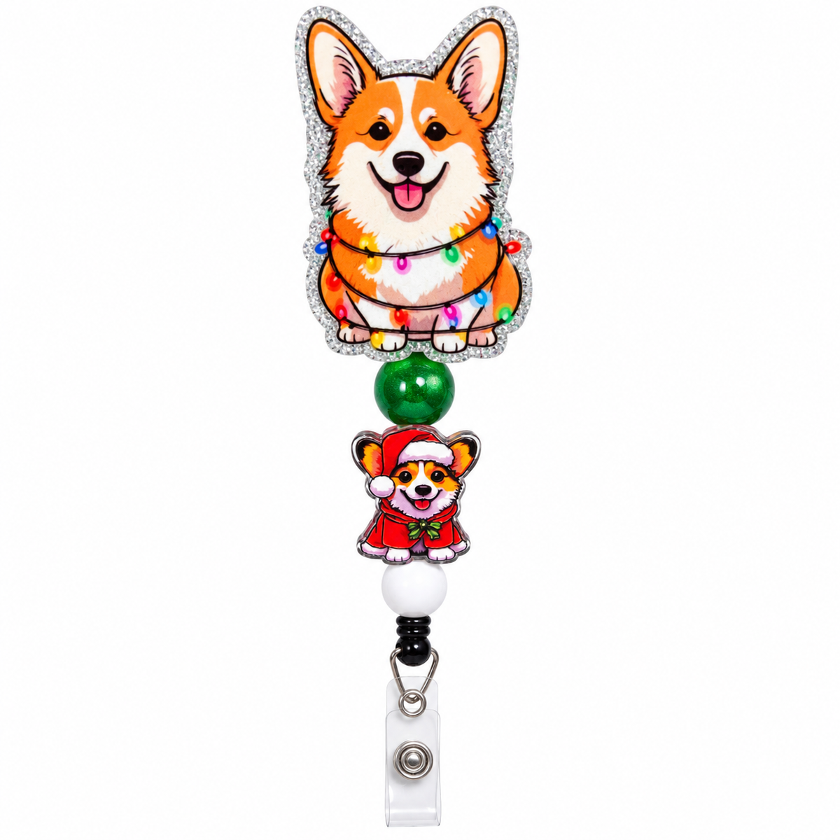 Christmas Corgi beaded badge reel with silver glitter dog topper, colorful Christmas lights, green bead, Santa Corgi charm, and white bead