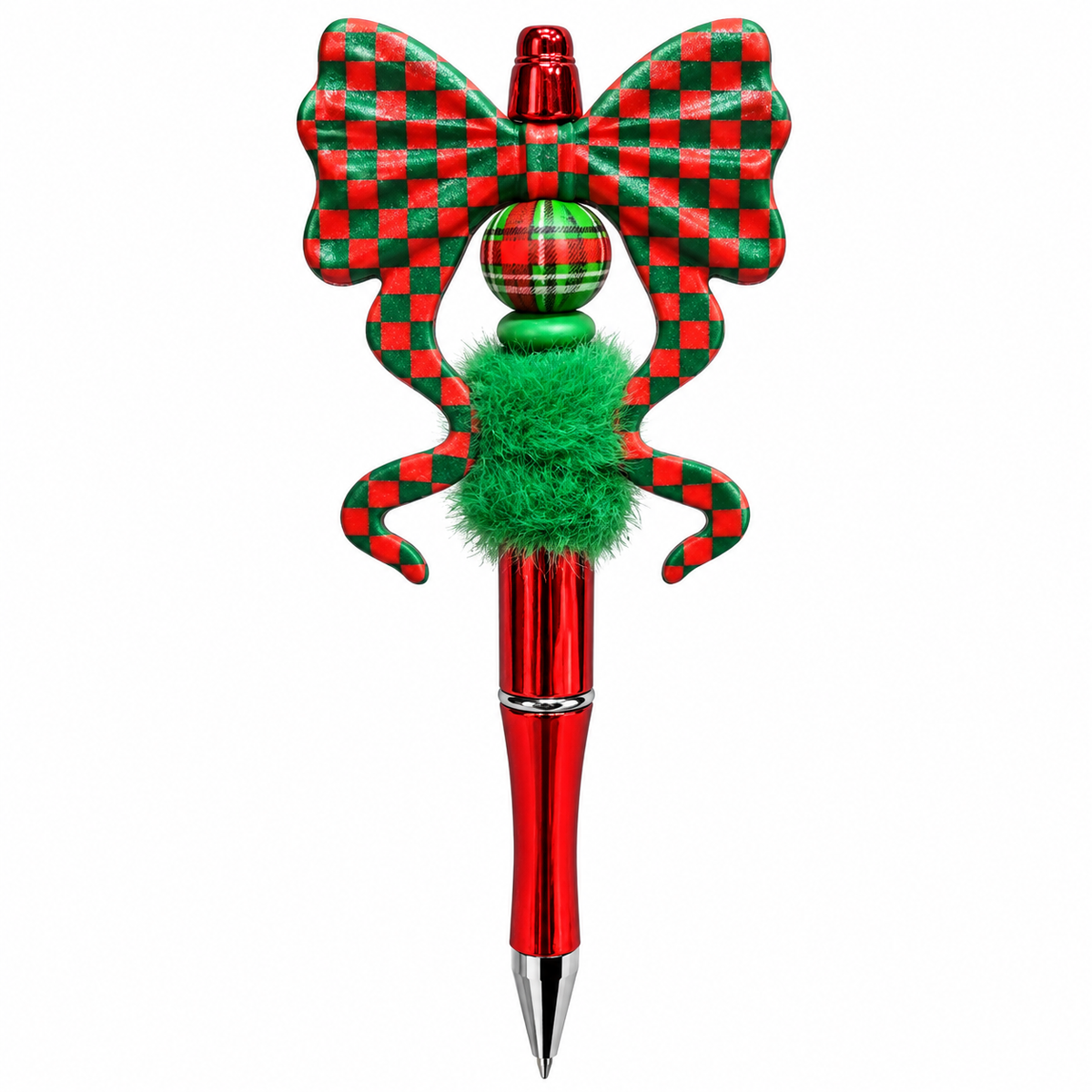 Metallic red Christmas beaded pen with red and green checkered bow, plaid bead, fluffy green pom-pom, and curled ribbon tails