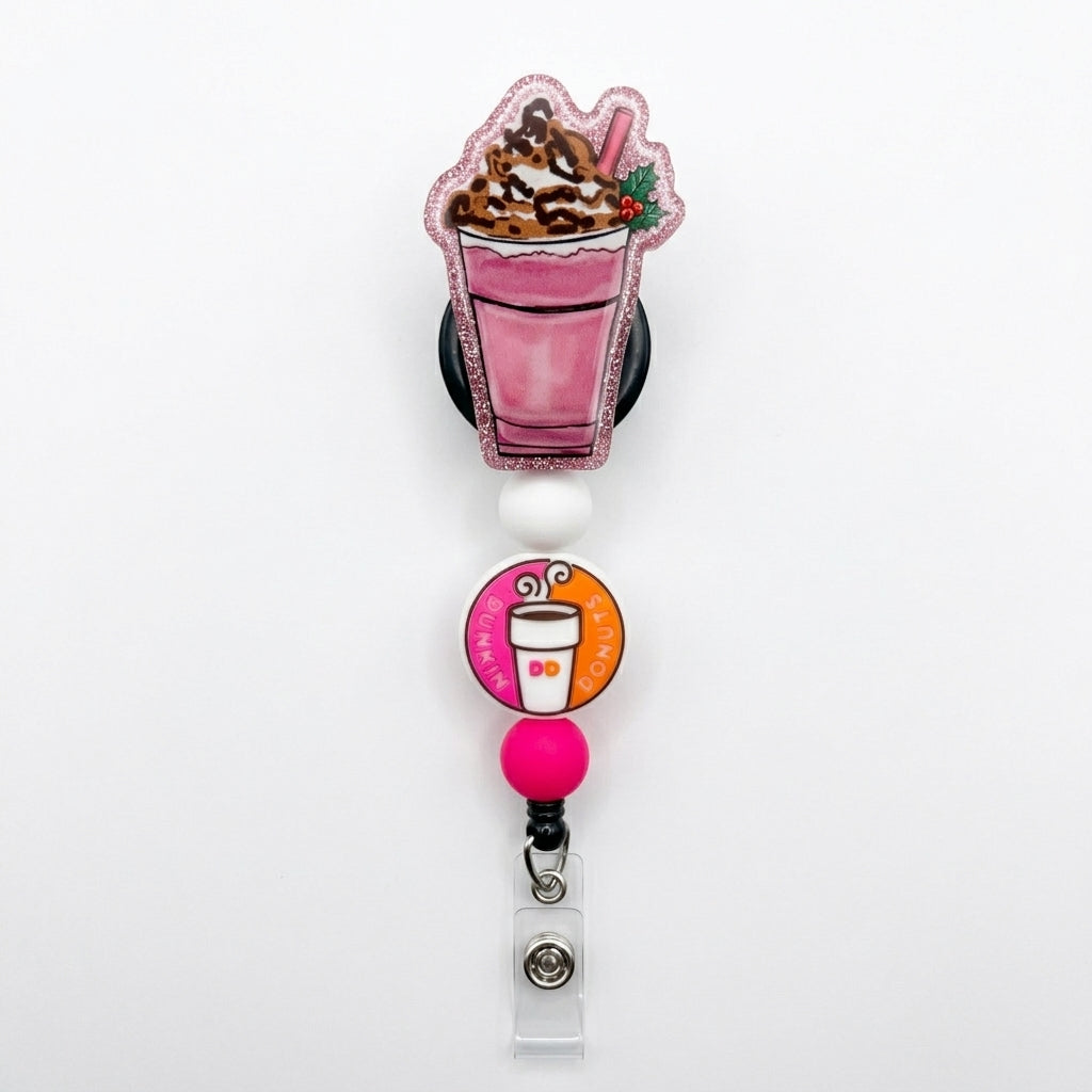 Pink Christmas coffee beaded badge reel with leopard print whipped cream topper, pink glitter border, Dunkin' coffee charm, white bead, and hot pink bead