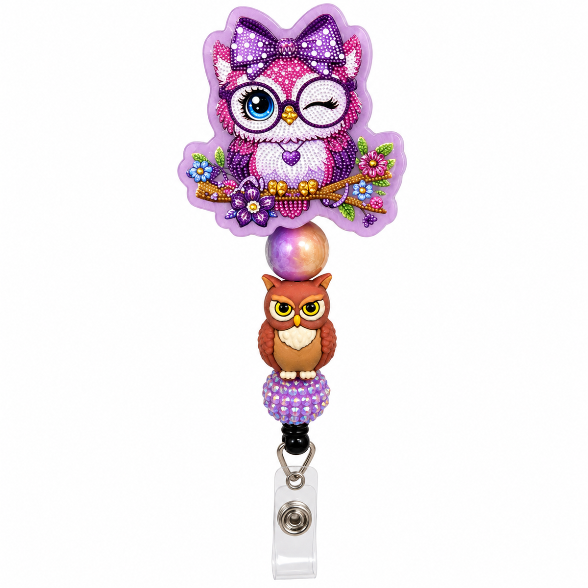 Purple and pink floral owl beaded badge reel with polka-dot bow, winking owl topper, brown owl charm, multicolor bead, purple rhinestone bead, and clear ID strap.
