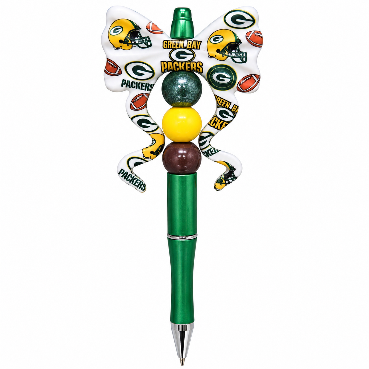 Green Bay Packers football bow beaded pen with green and gold beads and metallic green barrel