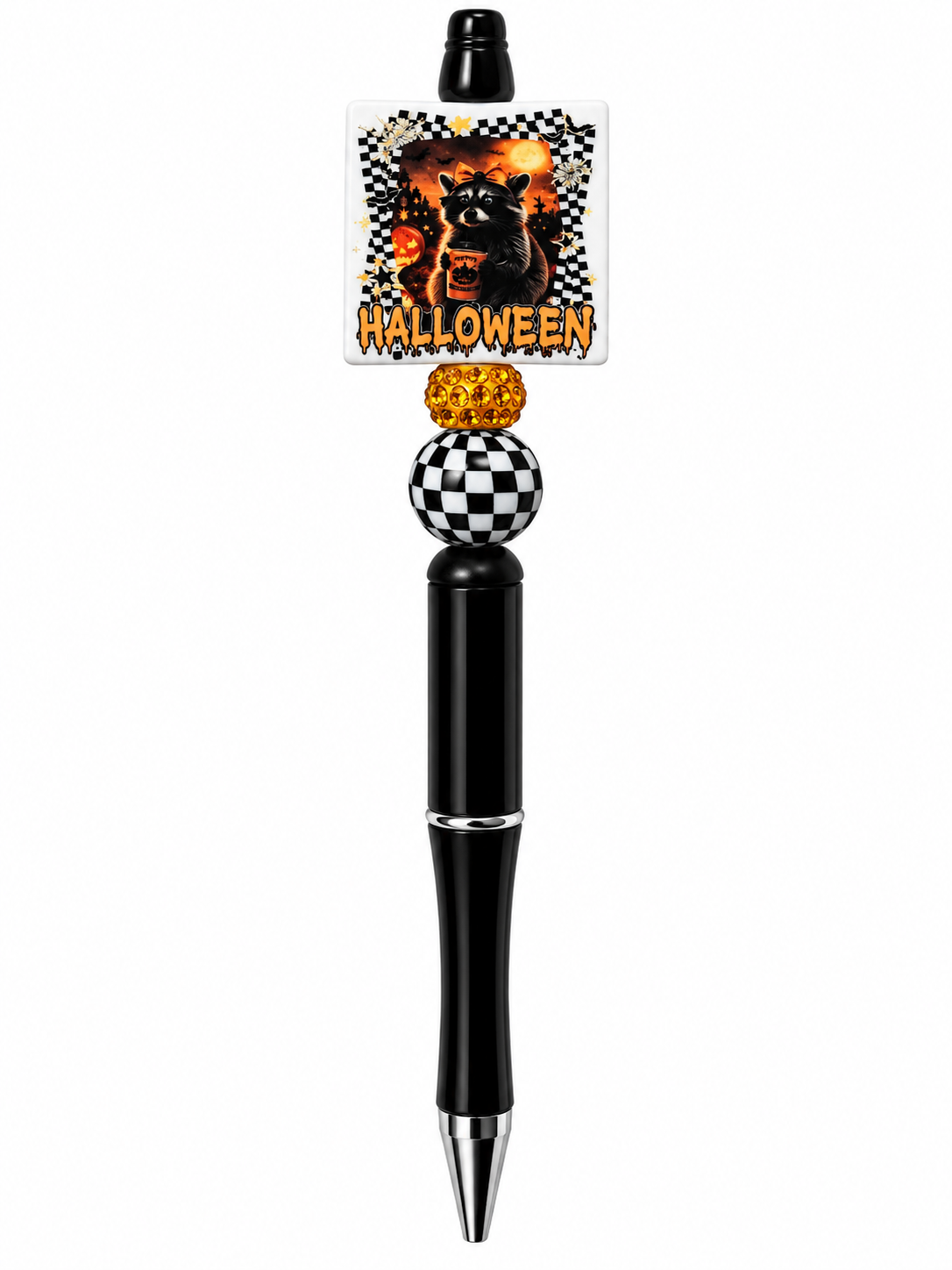 Halloween Raccoon Beaded Pen | Black & White Checkered Pen
