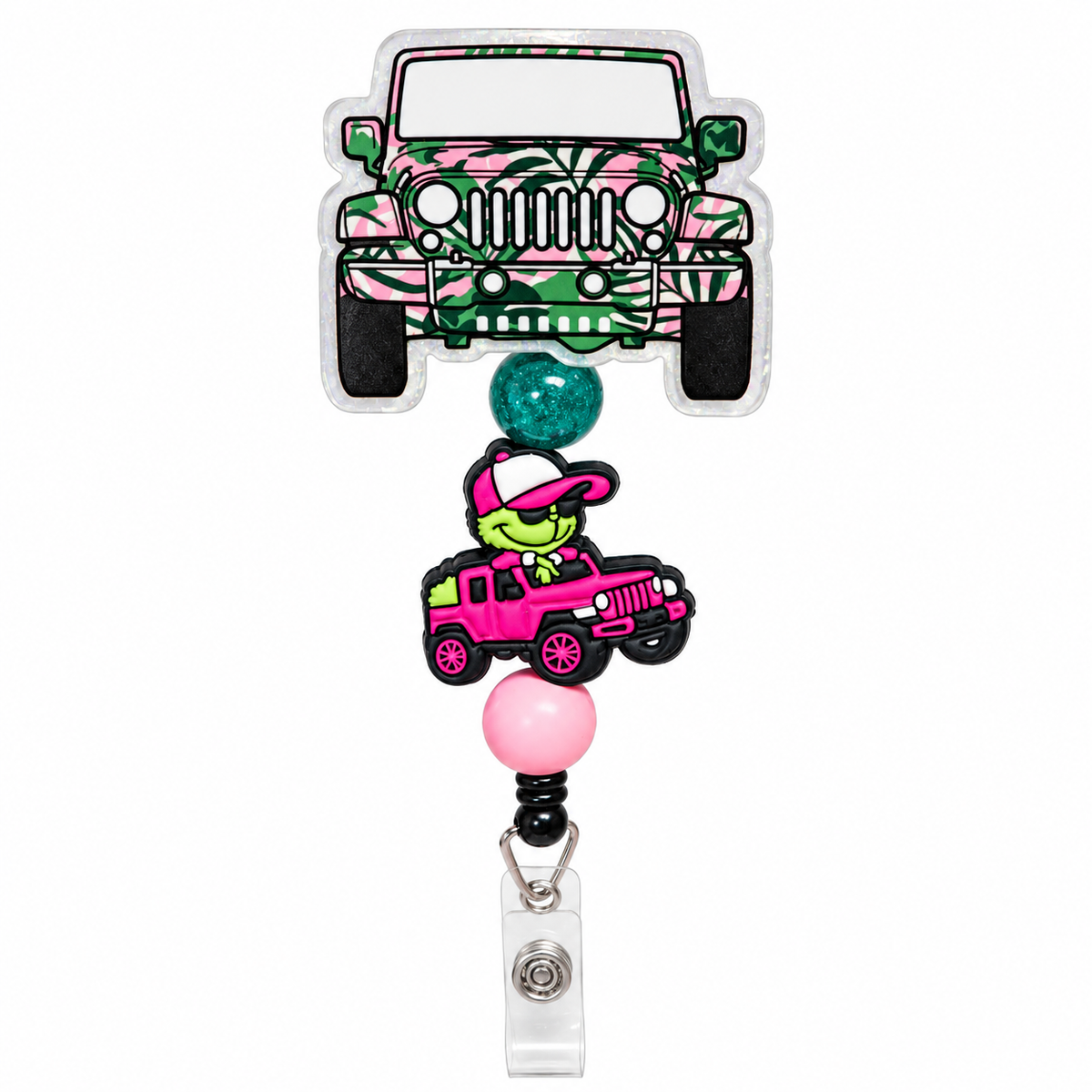 Pink and green camouflage Jeep beaded badge reel with dark green glitter bead, frog driving a hot pink Jeep charm, pink bead, and clear ID clip