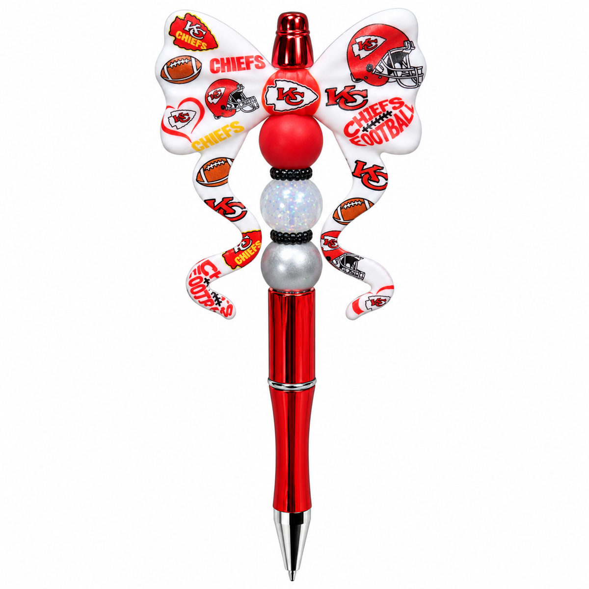 Kansas City Chiefs beaded pen with white football-themed bow, red metallic barrel, red and silver beads, and black rhinestone spacers