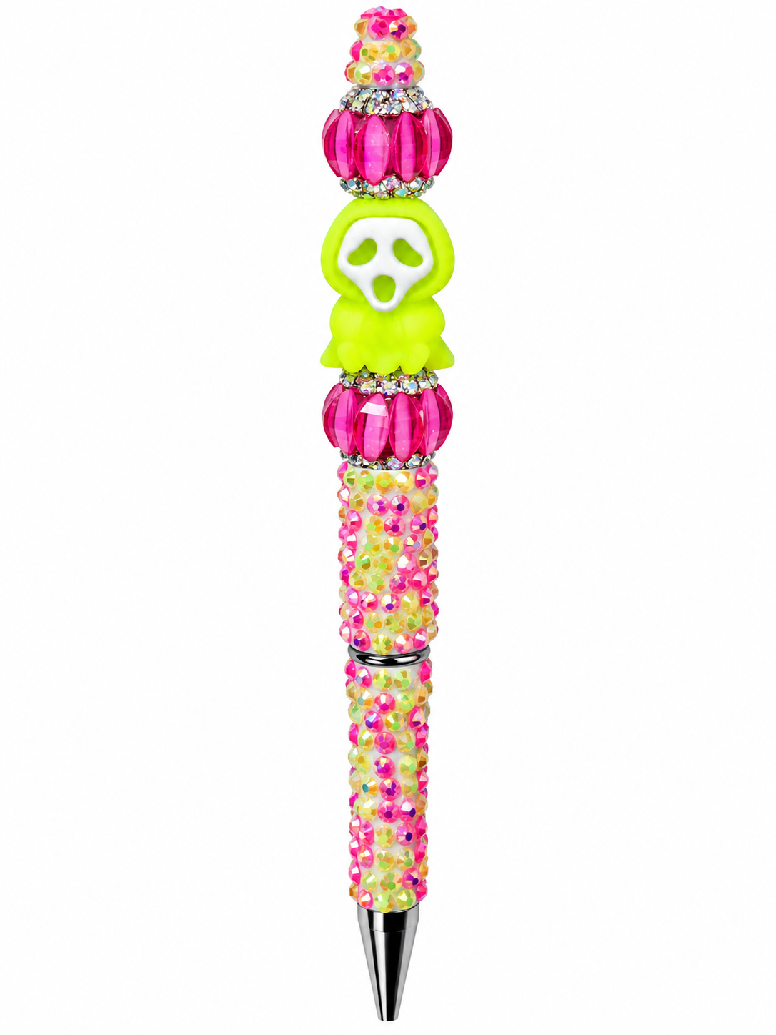 Neon Ghostface Bling Beaded Pen | Pink & Lime Green Halloween Pen