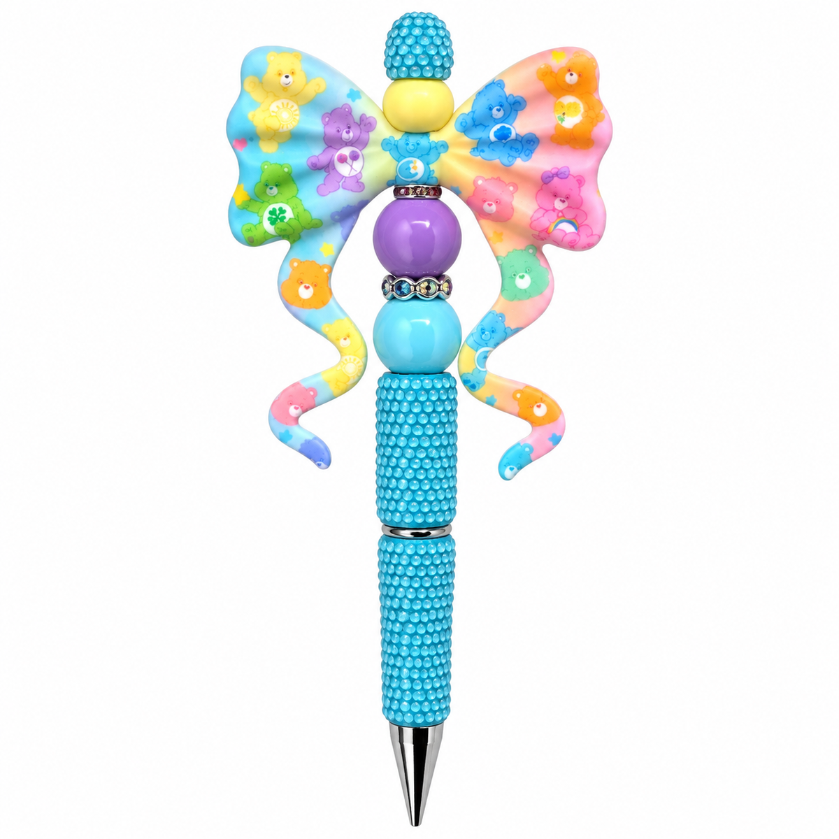 Blue rhinestone bling pen with pastel Care Bears bow, curled ribbon tails, purple and blue beads, and yellow accent bead