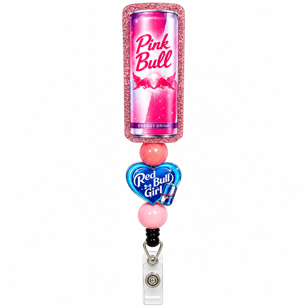 Pink Bull energy drink beaded badge reel with pink glitter can topper, blue Red Bull Girl heart charm, pink beads, and clear retractable ID strap