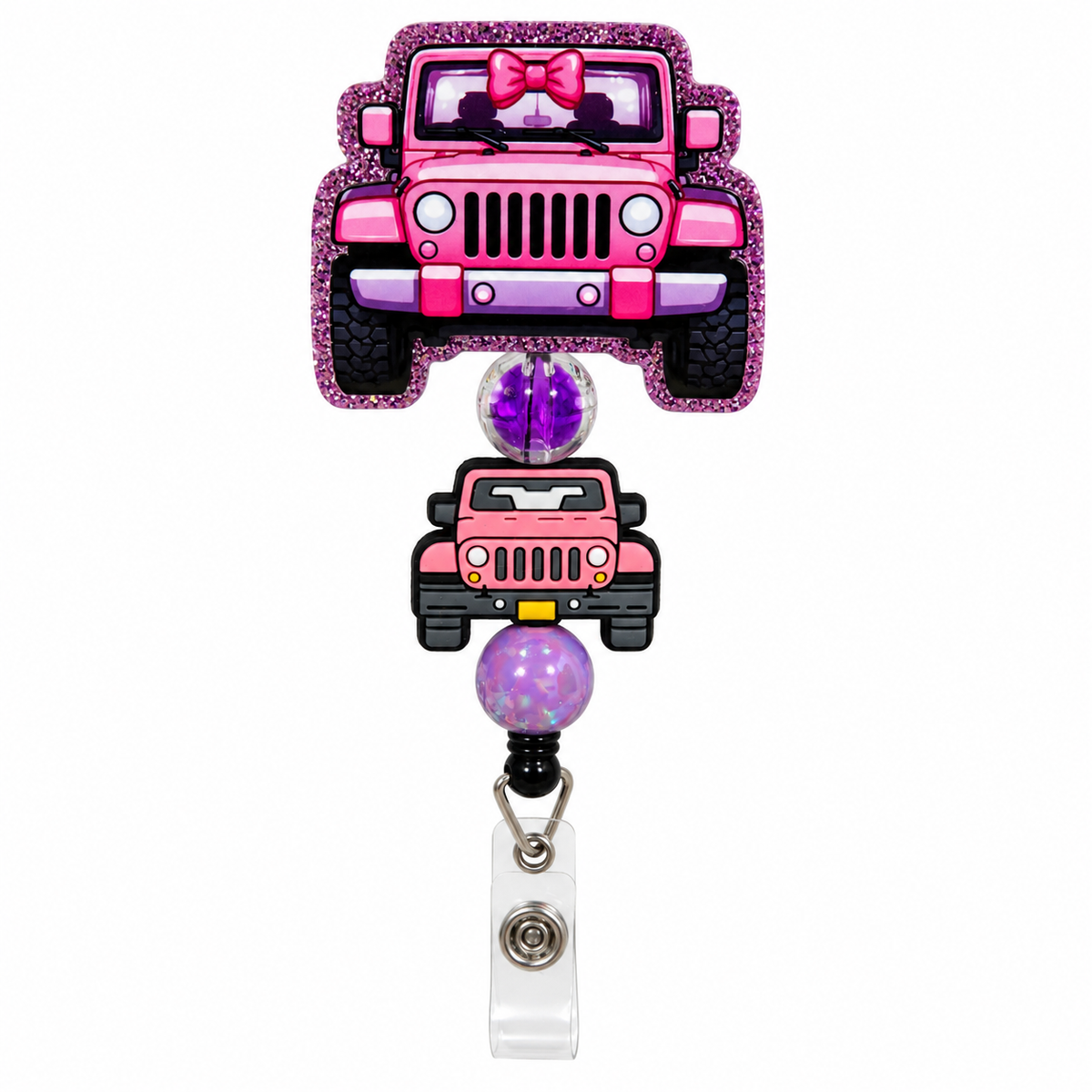Pink Jeep beaded badge reel featuring pink bow, purple glitter border, miniature pink Jeep charm, purple beads, and clear ID holder