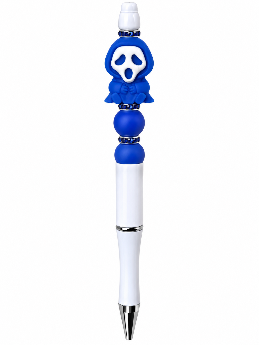 Royal blue Ghostface-inspired beaded pen with blue hooded ghost focal bead, coordinating blue silicone beads, silver spacers and white barrel.