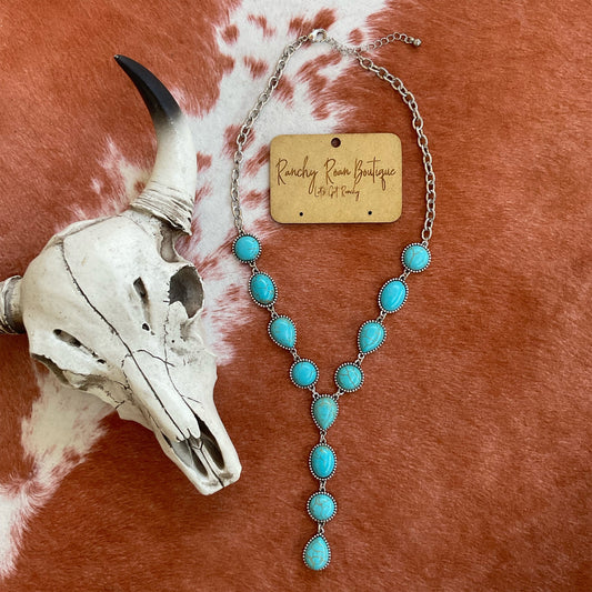 Western Cabochon Stone Y Necklace – Burnished Silver and Turquoise