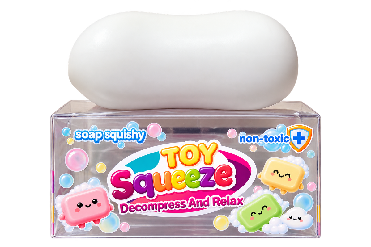 White soap-shaped squishy sensory stress toy displayed on colorful Soap Squishy Toy Squeeze packaging