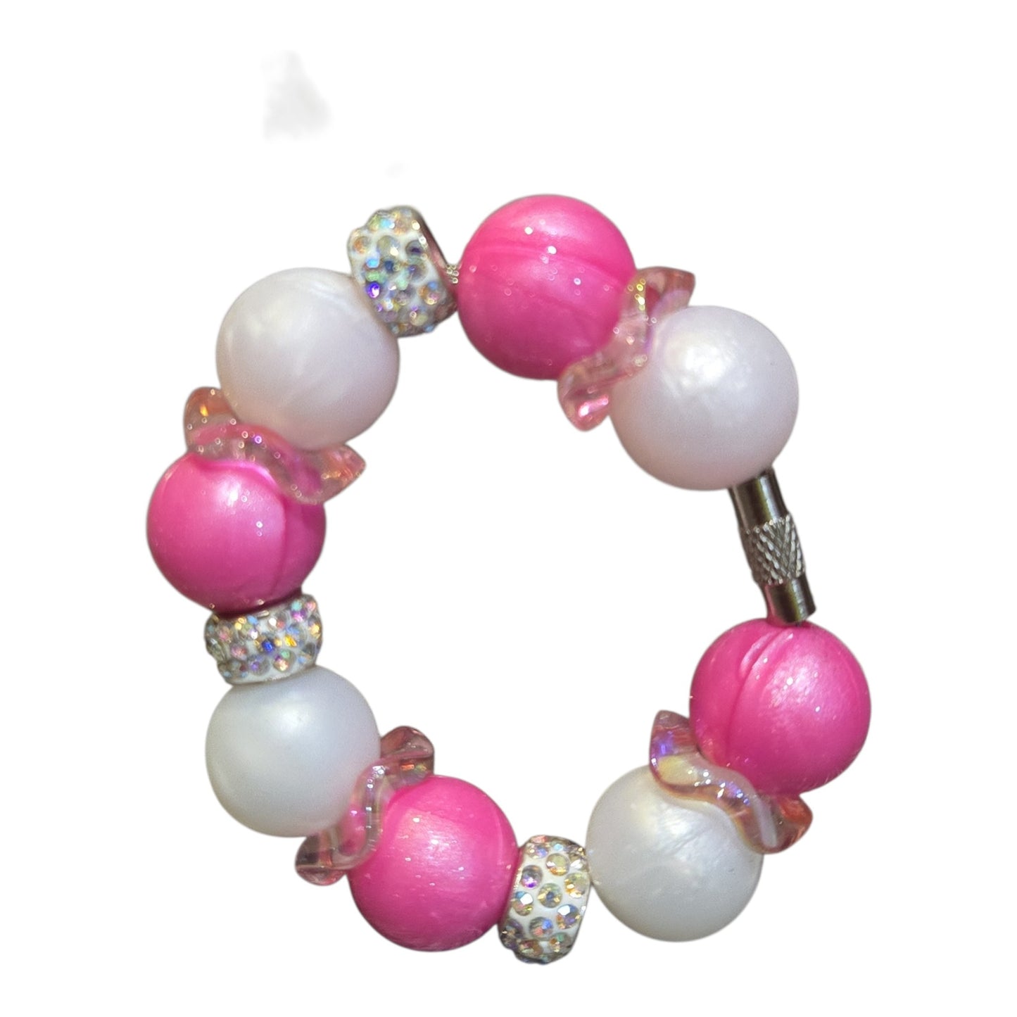 Candy Coated pink and white beaded tumbler handle charm with candy beads and rhinestone accents