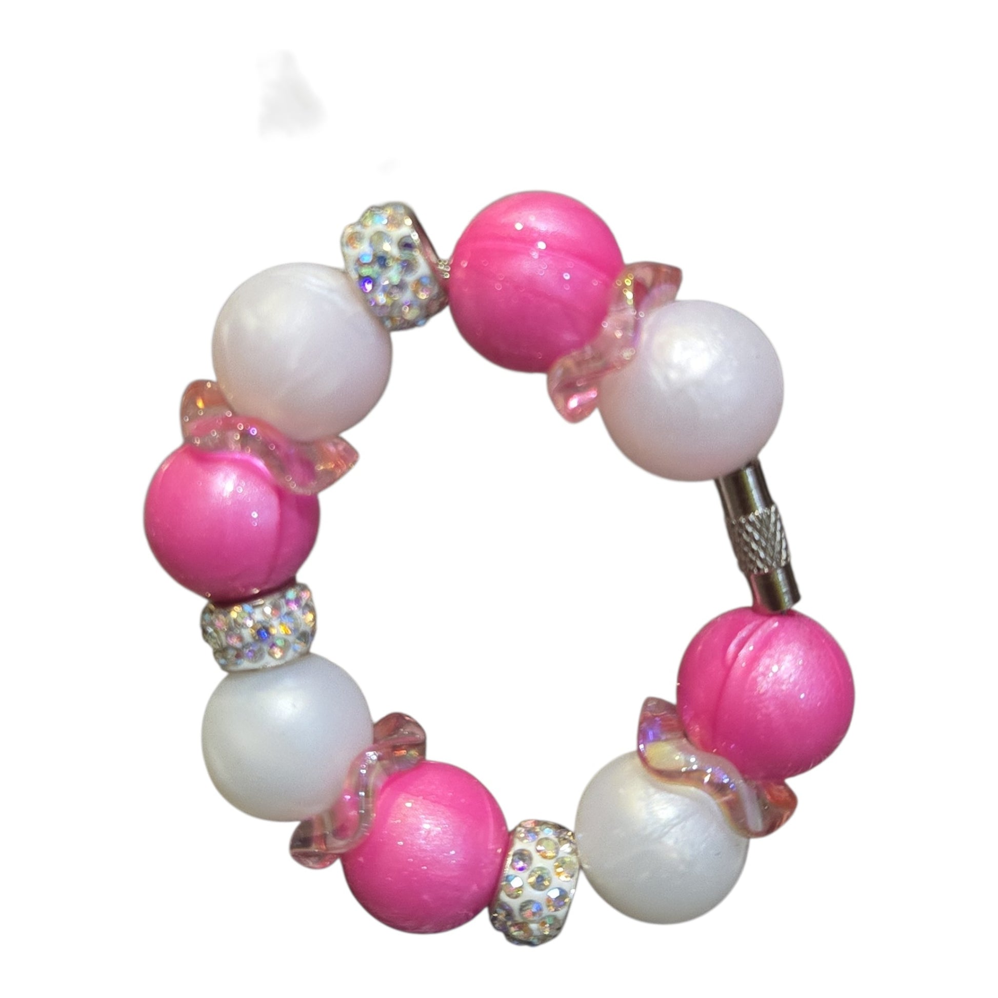 Candy Coated pink and white beaded tumbler handle charm with candy beads and rhinestone accents