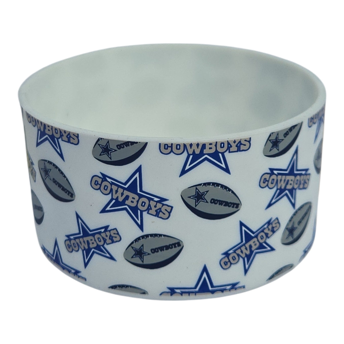 Dallas Cowboys silicone tumbler boot with blue and silver football design
