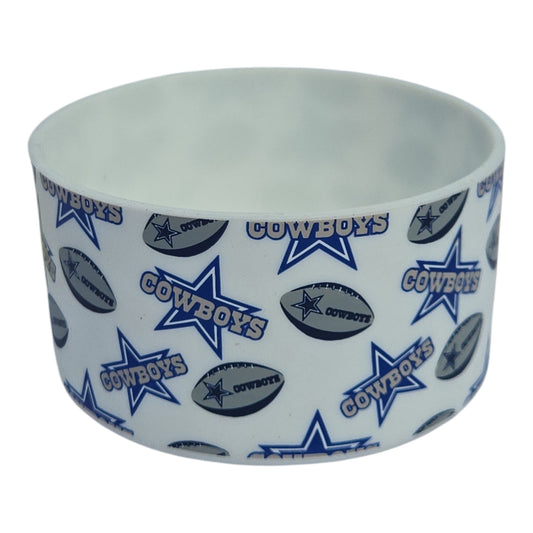 Dallas Cowboys silicone tumbler boot with blue and silver football design