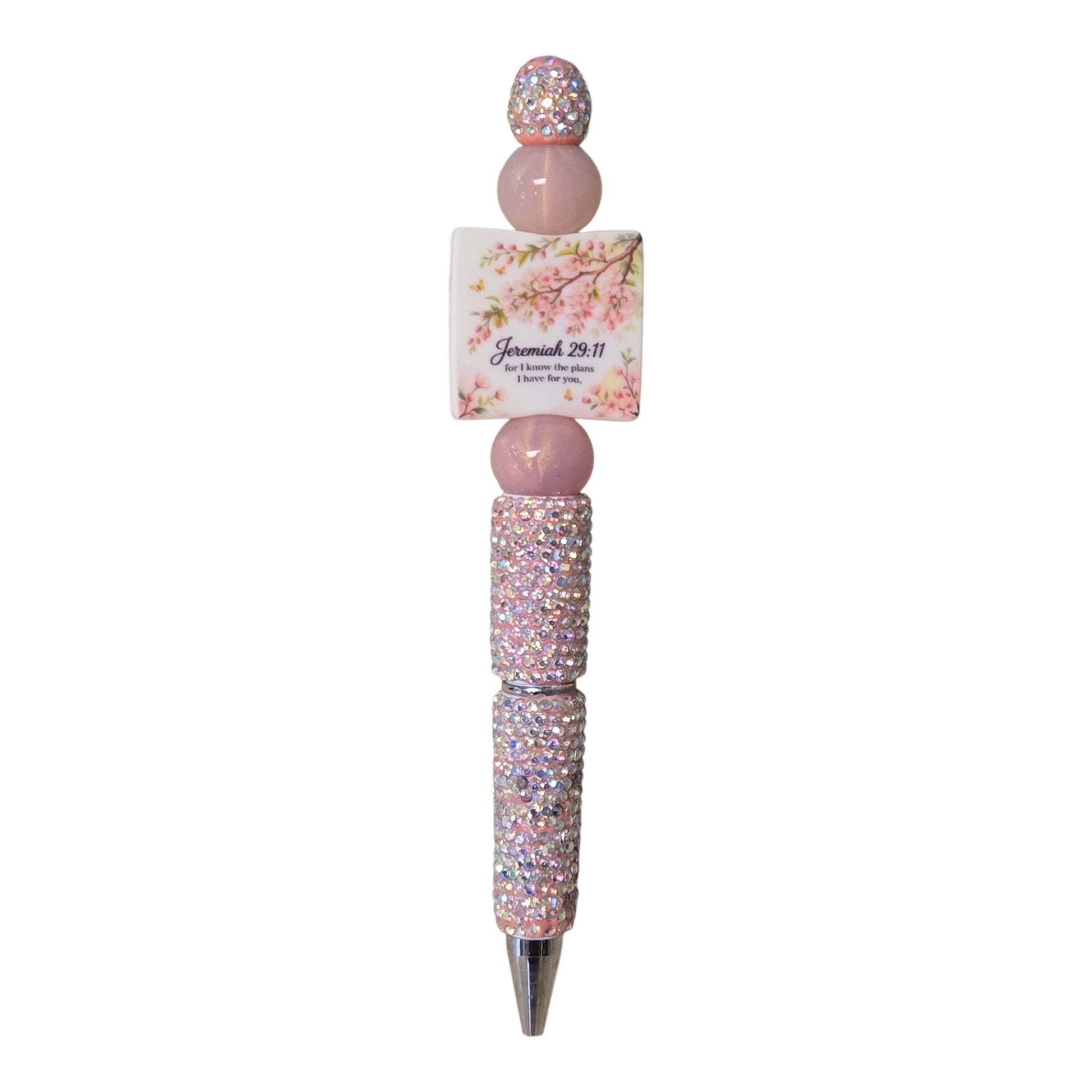 Pink Jeremiah 29:11 Christian beaded pen with floral Bible verse bead and rhinestone accents