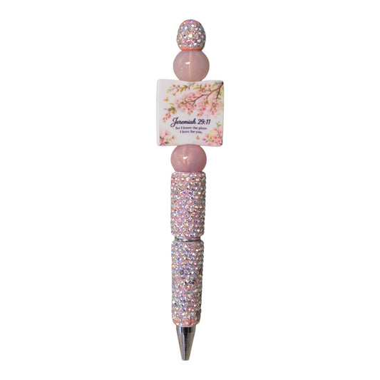 Pink Jeremiah 29:11 Christian beaded pen with floral Bible verse bead and rhinestone accents