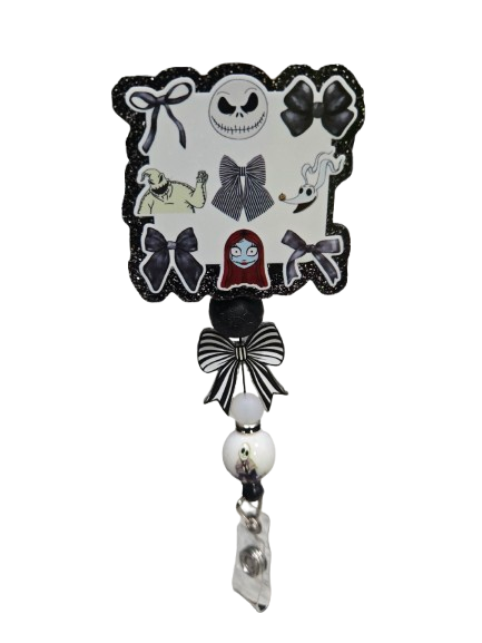 Nightmare Before Christmas badge reel with black glitter topper featuring Jack Skellington, Sally, Zero, Oogie Boogie, black bows, and striped bead accent.